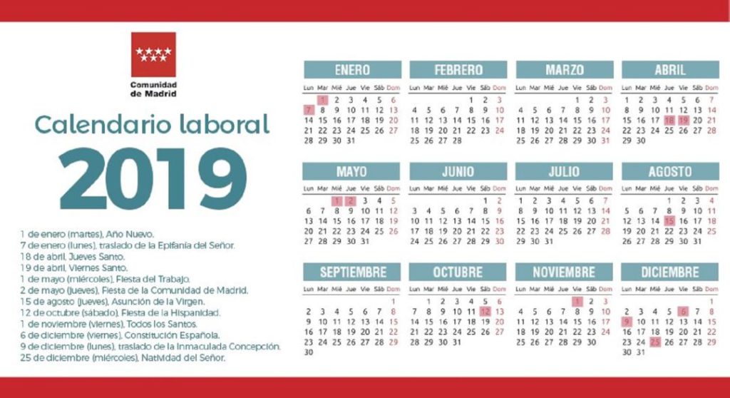 Calendario Laboral de la Comunidad de Madrid 2019